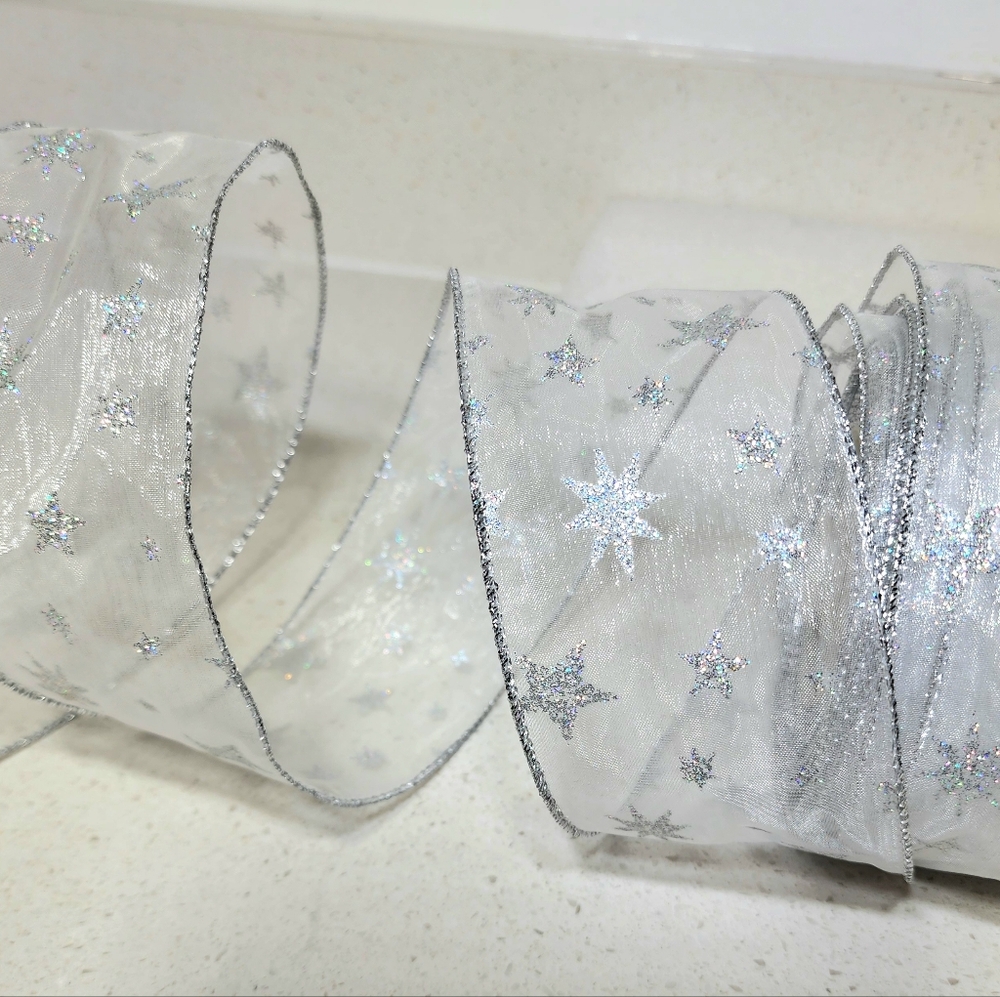 Vintage Wired Sheer Silver Ribbon With Glitter Stars